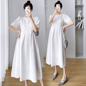 Moderskapsklänningar 817# Summer Thin Korean Fashion White Cotton Gravid Women's Long Dress Elegant A-line Loose Pregnant Women's Gravidity Clothing 230404