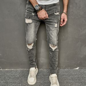 Herren Smoke Grey Stretch Skinny Jeans Fashion Ripped Hole Vintage Raw Edges Hip Hop Denim Hose Youth Streetwear Pants