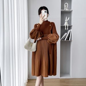 マタニティドレススタンディングカラーの韓国語バージョン妊婦のファッション秋のためのしっかりしたゆるいニットの肩を持つエレガントなマタニティドレスセット230404