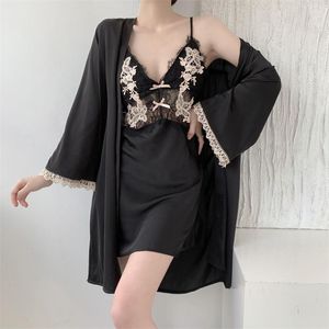 Women's Sleepwear Patchwork Lace Bathrobe Suspender Nightgown Sexy Bride Bridesmaid Wedding Robe Summer Casual Loose Satin Home Dress