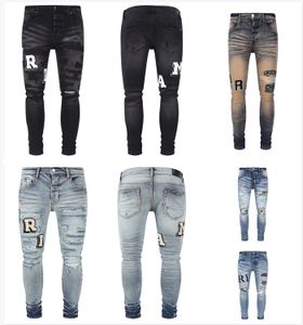 Herren Jeans Würfel Jeans gestapelte Jeans Männer alt abgenutzte Hol und Farbe Slim Casual Vintage Inned Dirty Effect Cotton Denim Stretch Fabric Knieloch gestickt