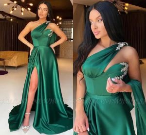 Dark Green Split Evening Dresses Sexy One Shoulder Appliques Ruffles Long Satin prom Gowns Women Formal Occasion Wears BC15513