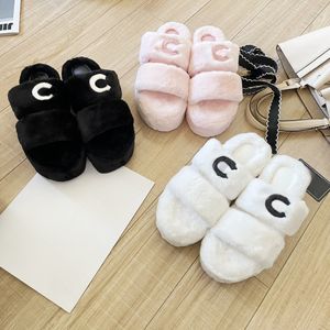 Designer Pelz Slides Wolle Mule Paris Luxus Mokassins Ccity Kette Schnalle Perlen Klee Plüsch Hausschuhe warme Winter Frauen Sandale Casual Fluffy Furry Bequeme Schuhe