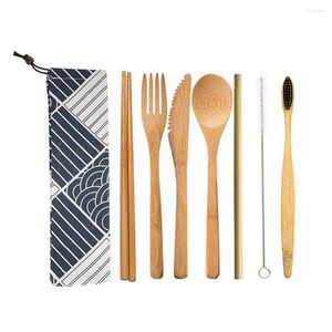 Dinnerware Sets Bamboo Tableware Knife Fork Spoon Chopsticks Straw Brush Set With Cloth Bag Environmental Protection Travel