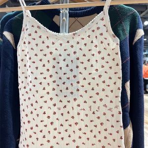 Camisoles tank casual rött blomma tryck mjuk bomull sommar mode damer spets trim smal korta camis toppar kvinnlig chic skörd topp 230403