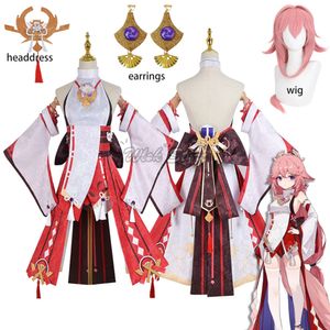 Cosplay Genshin Impact Yae Miko Cosplay Costume Full Set Headdress Earrings Halloween Carnival Party Outfit Pink Wig Custom Made Shoes