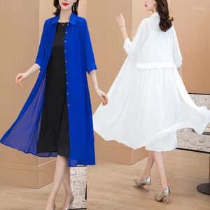 Casacos de trincheira feminina Jaqueta longa de protetor solar para mulheres Summer 2023 Moda selvagem 3/4 de manga de manga Sixted Shawl Coat Spring Autumn chiffon