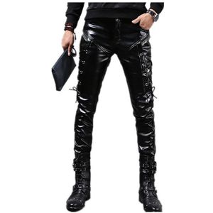 Whole- New Winter Mens Skinny Biker Leather Pants Fashion Faux Leather Motorcycle Trousers For Male Stage Club Wear Q2634265O