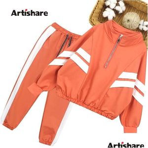 Set di abbigliamento Abbigliamento sportivo per ragazze Abbigliamento a righe per cappotto Aggiungi pantaloni 2 pezzi Ragazza adolescente Scuola per bambini 6 8 10 12 14 211104 Drop Deli Dhtxm