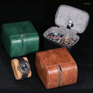 Titta på lådor Portable Leather Jewelry Box Pu Holder Storage Organizer för 2Watches Protection med Zip Container