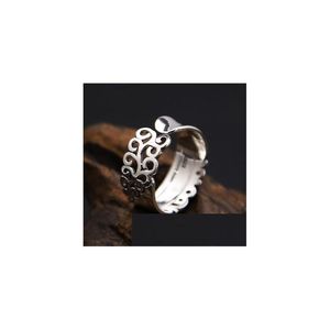 Anelli a fascia in argento sterling 925 con fiori intagliati vuoti anello regolabile da donna anello per gioielli con consegna a goccia Dhj3G