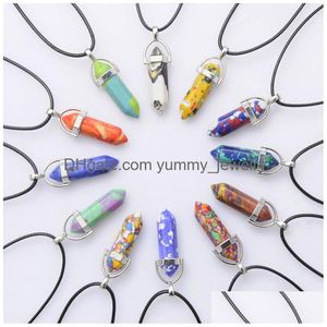 Pendant Necklaces Luxury Natural Quartz Stone Necklaces Crystal Hexagonal Prism Point Pendant With Leather Rope Chains For Women Men F Dhx61