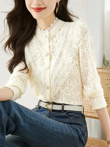 Women's Blouses QOERLIN Women Cute Lace Blouse Top Long Sleeve Hollow Out Turtle Neck Single-Breasted Shirts Apricot 2023 Spring Autumn