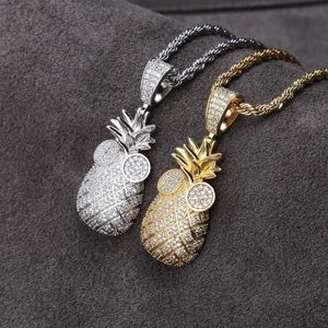 Pendant Necklaces Hip Hop Micro Paved Cubic Zirconia Bling Out Fruit Pineapple Pendants Necklace For Men Rapper Jewelry Gold Color