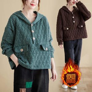 Women's Hoodies Korean Style Loose Ladies Hooded Pure Cotton Rhombus Lattice Quilted Warm Sweatshirt Fleece Jacket Tops M1877