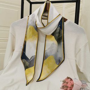 Sarongs Summer new long small silk scarf female treasure silk satin simulation silk professional scarf mountains and rivers P230403