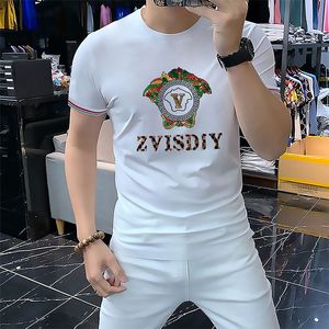 2023 Men's t-shirts summer new white short sleeves half-sleeved handsome round neck shirt sequins hot drill letter tide brands men's shirt hip hop streetwear tees