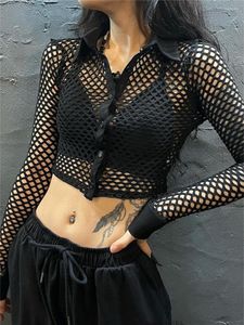 Koszule damskie WSevypo czarne puste wydobycie fishnet crop tops kobiet Kobiet Lapel Button w dół krótki grunge punkowy streetwear