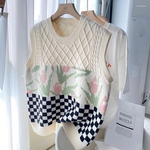 Women's Sweaters Vintage Streetwear O Neck Sleeveless Knitted Vest Korean Chic Preppy Stytle Plaid Pullovers Japanese Harajuku Sweater