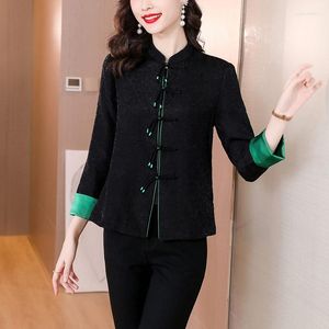 Jackets femininos estilo chinês Black Silk Jacket Short Ladies 2023 Autumn Retro Buckle Mulheres elegantes Tops H2146