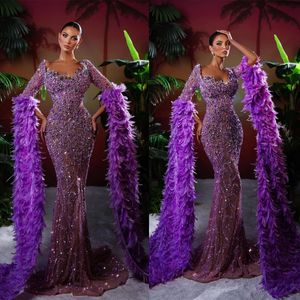 Brilliant Mermaid Prom Dresses Square Long Feather Sleeves Shining Applicants Beads Zipper Layered Up Court Gown Custom Made Party Dress Vestido De Noite