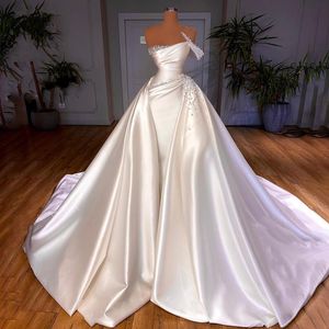 Satin Beaded Wedding Dress 2023 3 In 1 Pearls Mermaid Court Train Luxury One Shoulder Princess Women Bride Gowns Vestido de Noiva
