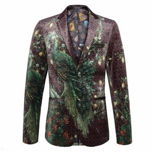 Men's Suits Blazers Luxury Green Peacock Print Coat Party Dress For Slim Fit Stage Casual 230404