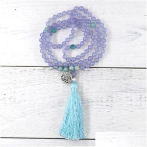 Hänge halsband hänge halsband elegant ljus lila jade amazonite sten ädelsten 108 pärlor japa mala halsband antik sliver cha dhznc