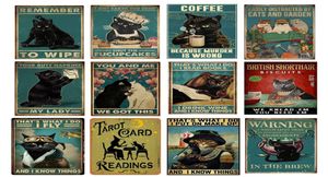 Pittura Cartoon Black Cat Coffee Warning Retro Targa in metallo vintage per letto Cucina arredamento rustico Shabby Rust Wall Signs 2032817417