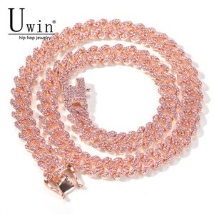 Chokers Uwin Slink Miami Rosegold Color 12 mm Cuban Link Pink Naszyjnik Pełny bling punk bling urok hiphop biżuteria 230403