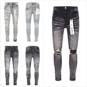 Lila Jeans Würfel Jeans gestapelt Jeans Stretch Stoff Alte abgenutzte Hol und Farbe Slim Casual Vintage Inked und Dirty Effect Cotton Denim Sticked Patch