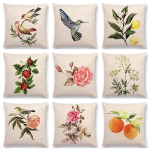 Pillow Watercolor Lovely Birds Flowers Plants Hummingbird Rose Raspberries Dill Clove Almonds Sofa Throw /Decorative