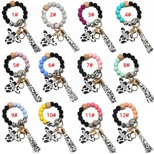 Party Favor Silicone Cursive Cow Bead Armband Wood Disk Armband Keychain Cow Tassel Ox Head Wrist Key Ring Charm Pendant Accessory FY340 I0404