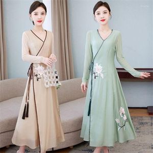 Vestidos casuais Vestidos de estilo chinês Vestidos de estilo chinês 2023 Spring Summer Summer Ethnic bordado tradicional melhorado Hanfu Long Dress H315