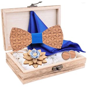 Bow Ties Fashion Mens Tie Set Handkerchief Cufflinks Brooch Wooden Bowties And Box Suit Wedding Accessoreis Gifts Gravata