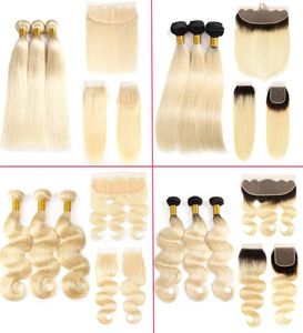 Silkeslen Straight Blonde Malaysian Hair Weave Bunds With Frontal Stängning Pure Color 613 Blond Human Hair Extensions and Lace Front5771828