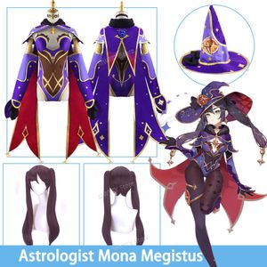 Cosplay jogo genshin impacto astrólogo mona megistus cosplay traje sexy anime uniforme vestido peruca roupas de halloween