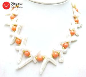 Choker Qingmos Natürliche Perlenkette für Frauen mit 30 60 mm weißer Kreuzform 9-10 mm rosa Koralle Schmuck 17 '' Nec6371 Halsreifen
