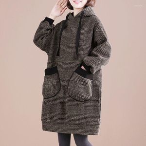 Hoodies inverno solto tamanho grande mais veet acolchoado moletom vestido feminino comprimento médio retro com capuz túnica de lã jaqueta casual