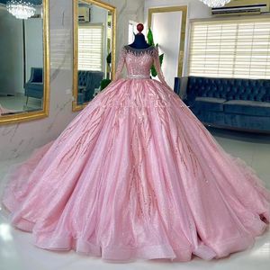 Lyxiga rosa quinceanera -klänningar för söta 16 flickor pärlor paljett födelsedagsfest aftonklänning vestido de xv anos