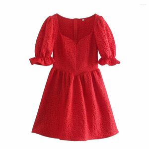Festklänningar 2023 mode kvinnor röd blomma jaquard klänning kvadrat krage kort ärm kontor damer mini