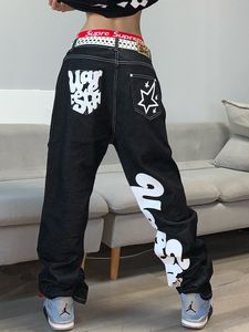 Jeans masculinos harajuku letra de hip hop imprimindo calças pretas folgadas street y2k punk rock perna larga calças de rua de rua 230404