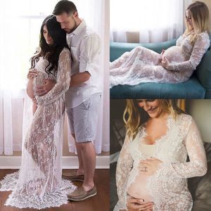 Maternity Dresses Summer Women Front Split Long Maxi Black White Lace Pregnant Gown Pography Prop See Through 230404