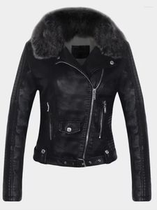 Women's Leather Women Winter Faux Jacket Warm Large Fur Collar Lady Motorcycle Pu Soft Black Coat 2023