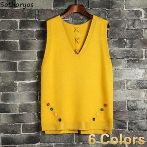 Women's Tanks Camis Sweater Vest Women Button Popular 3XL Side-slit Leisure Knitted Students All-match Knitted New Sweaters Korean Style Ulzzang P230322