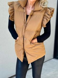 Women's Vests Casual Flying Sleeve Autumn Winter For Women Fall 2023 Single Breasted Ruffles Thick Padding Jacket Warm Waistcoat