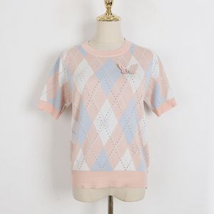 329 2023 Sommer Marke Gleichen Stil Pullover Kurzarm Rosa Perlen Rundhals Pullover Mode Damen Kleidung Hohe Qualität Damen DL