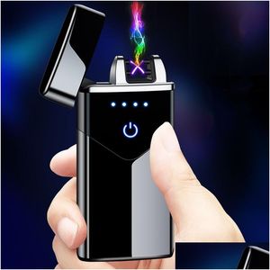 Lighters New Dual Arc Usb Lighter Rechargeable Electronic Led Sn Plasma Power Display Thunder Wholesales Gadgets For Man Drop Delivery Dhwlz