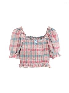 Damen Blusen Sommer Frauen Vintage Classic Plaid Rüschen Design Crop Shirt Plissee Sweet Style Female Chiffon Square Collar Chic