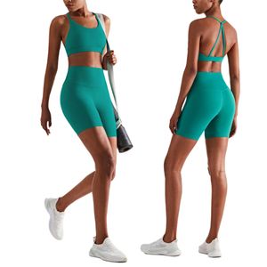 Lu Lu Lemens Lemon Yoga Algin Woman Suit Women Seamless Set Sports Fitness High midja Höft Raise Pants Suits Träningskläder Gym Tank Topp Shorts 2 Piece Tracksuit Align